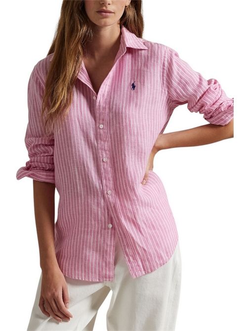 camicia donna in lino a righe rosa e bianco Ralph Lauren | 211970691001